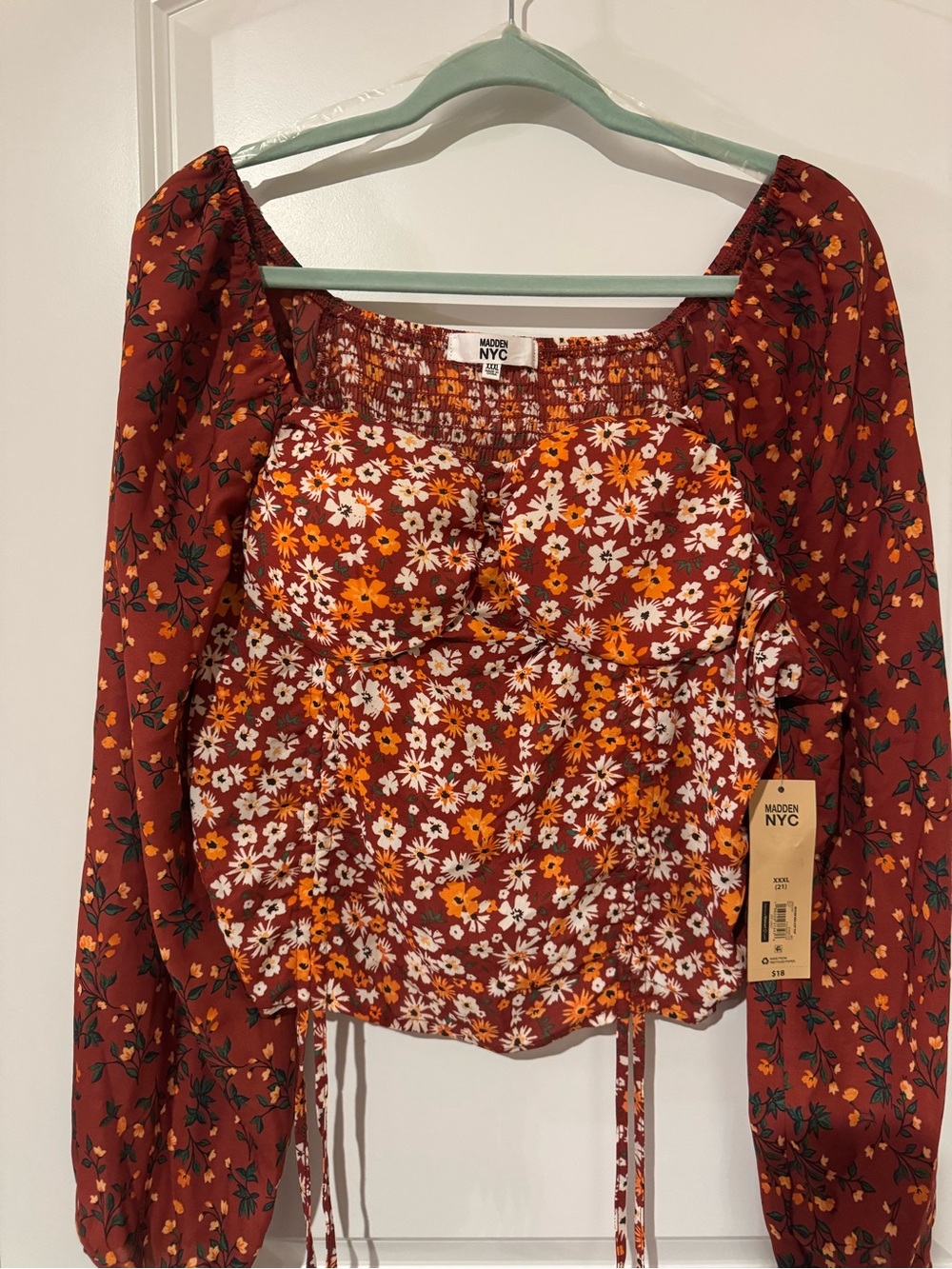 Madden NYC Cropped Rust Floral Long-Sleeve Square Neck Blouse